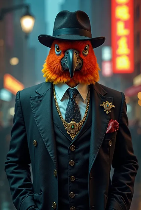 A mafia parrot, in a suit
