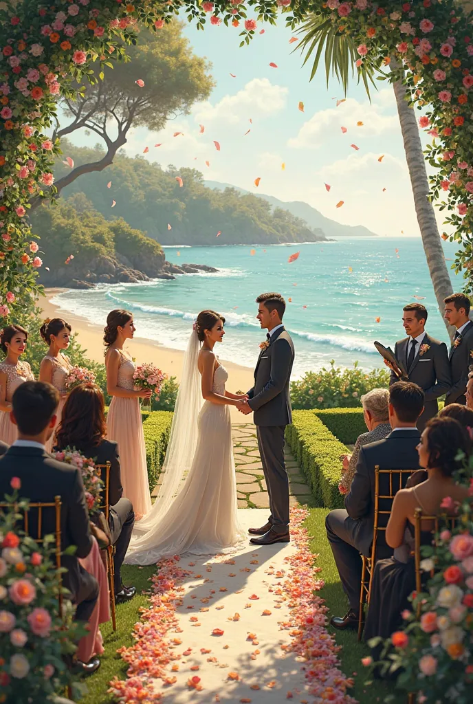 Create an image where I see the wedding in front, of an outdoor wedding in a garden overlooking the beach. Guests are seated on both sides, watching the ceremony. 