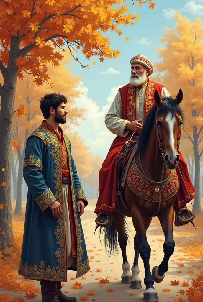 "An autumn scene featuring two central figures: a young Central Asian man in traditional Uzbek national costume and an old, robust man riding a horse. The young man and the elderly rider are both adorned in ornate Uzbek attire with intricate embroidery and...