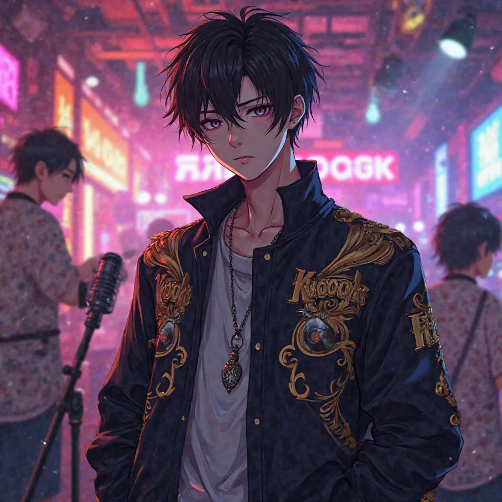  Anime Handsome Man Wearing KHOODOGK Name Jacket Facing Front Backround Karaoke Place