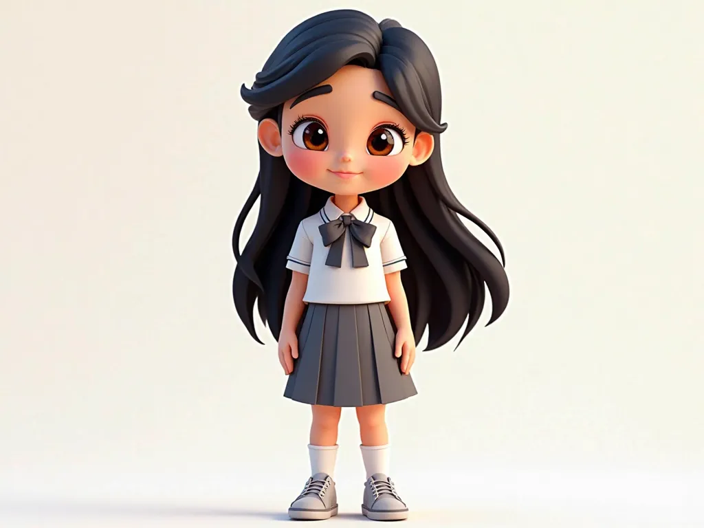 This character looks like a age girl in a three-dimensional design in an attractive cartoon style.  Here's an accurate description of it :

the hair: . Long, shiny black, slightly wavy and falls over the shoulders in a smooth.
The eyes: large, dark brown w...