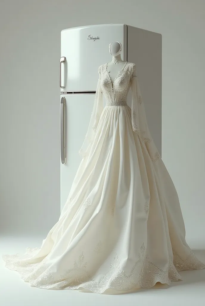 A refrigerator wearing the wedding dress