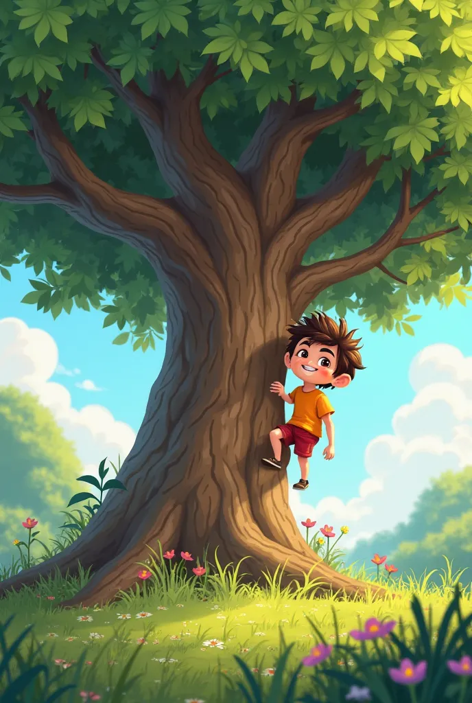 a cartoon boy is claiming up a tree