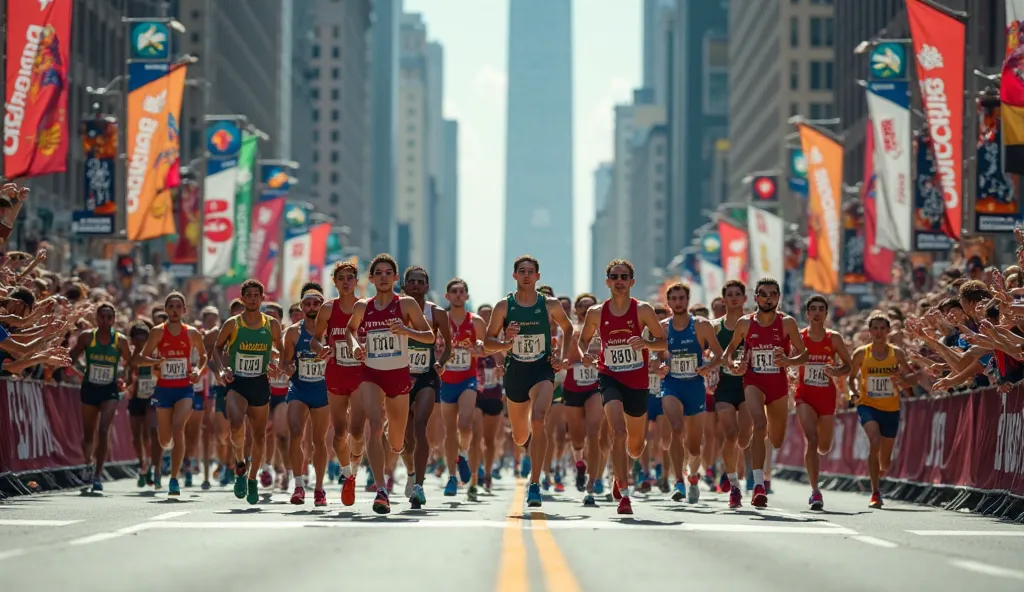 Runners moving in unison down a wide street, with cheering spectators waving signs on the sidewalk.