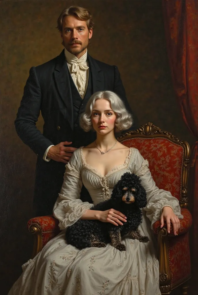 an antique victorian oil painting portrait of a young women sitting in a fancy chair in a dark room with a black and silver poodle on her lap and she has shoulder length silver hair. Young beautiful Husband standing behind her. He is wearing a fancy victor...