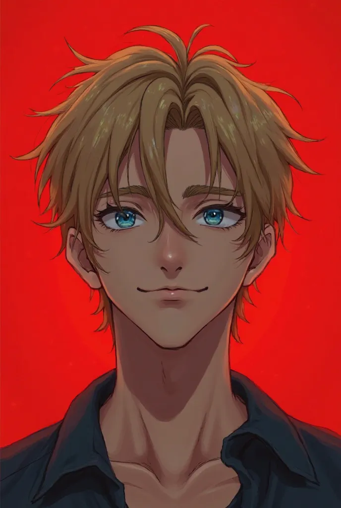 A 20+ years old man wih dark blonde hair and with blue eyes, make it look like an anime but also realistic and with a red background, also with only a little brown and with a closed mouth