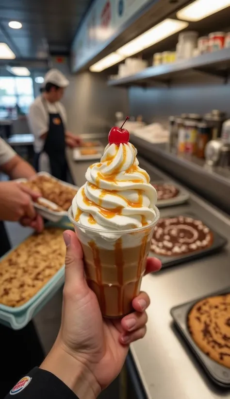 A first-person perspective hand inside a Burger King kitchen, holding a freshly made sundae in one hand and a chocolate pie box in the other. The sundae has swirls of vanilla ice cream, drizzled with thick caramel sauce, and topped with a red cherry. In th...