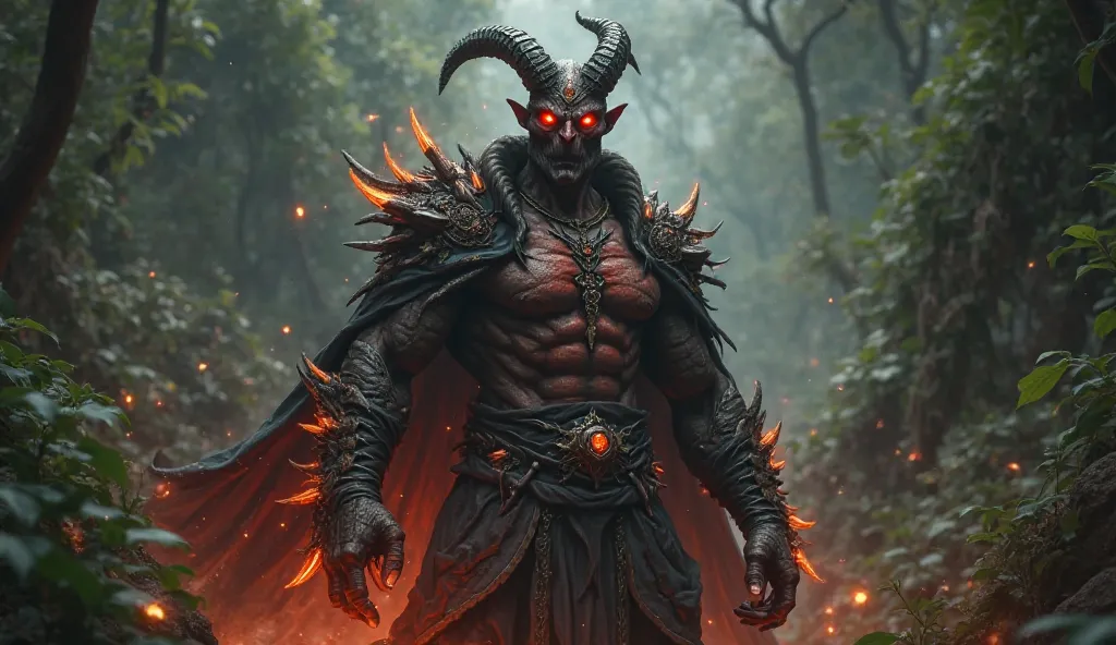 A powerful, ancient demon with a chiseled, handsome face, glowing red eyes. His muscular body is adorned with mystical , wearing dark, tattered robes. A fiery aura surrounds him.emerges from the darkness of a dense jungle. 
