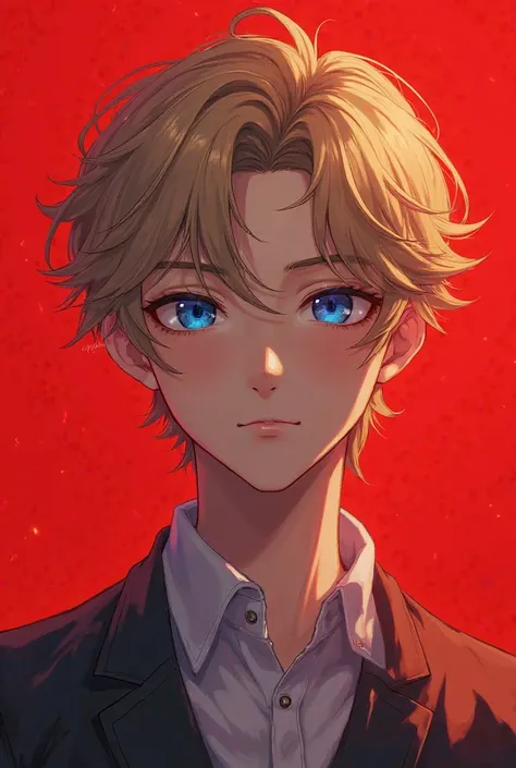  A young man with a darker blonde hair, and with blue eyes, also make it a bit more like a realistic anime with a red background 