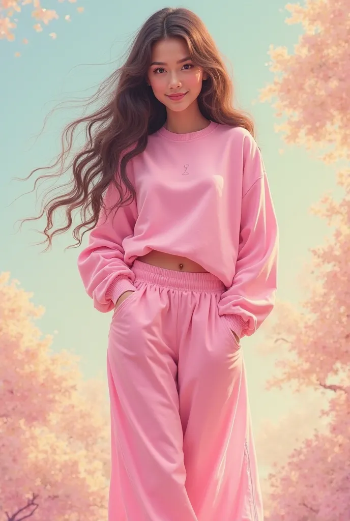 Lani in pink loose wide pink pants and in a loose wide pink sweatshirt
