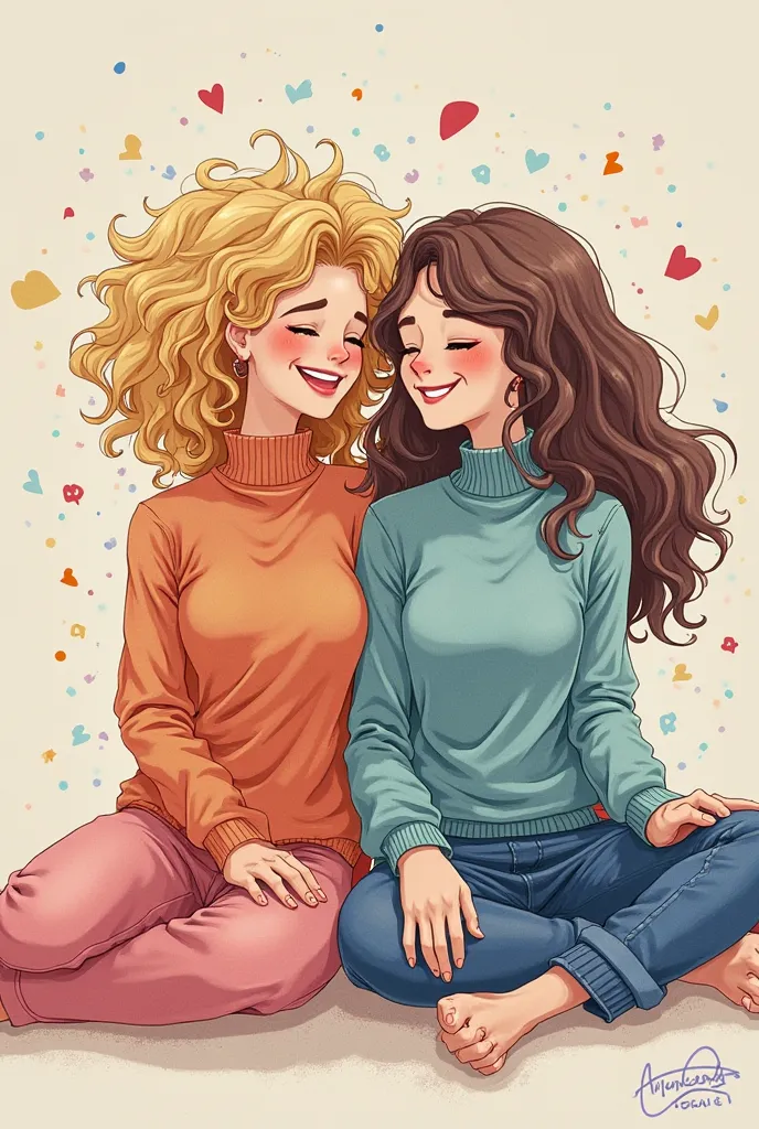 I want a self-portrait,do it like this:
TWO of us sitting laughing
Without coloring
A lapis
One with medium curly hair.
Another one with big straight hair
With small notes randomly scattered
Act like they're gossiping and laughing.
Try to make it as simila...