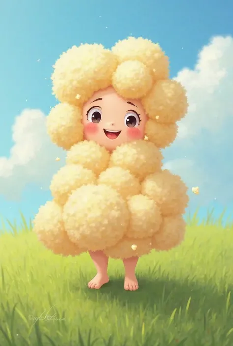 " a   , with a cheerful expression and fluffy cheeks, is standing on a vibrant green grass. She wears a costume shaped like a giant popcorn, with a fluffy and wavy texture, looking like a huge popcorn flake surrounding her body. just your face, hands and f...