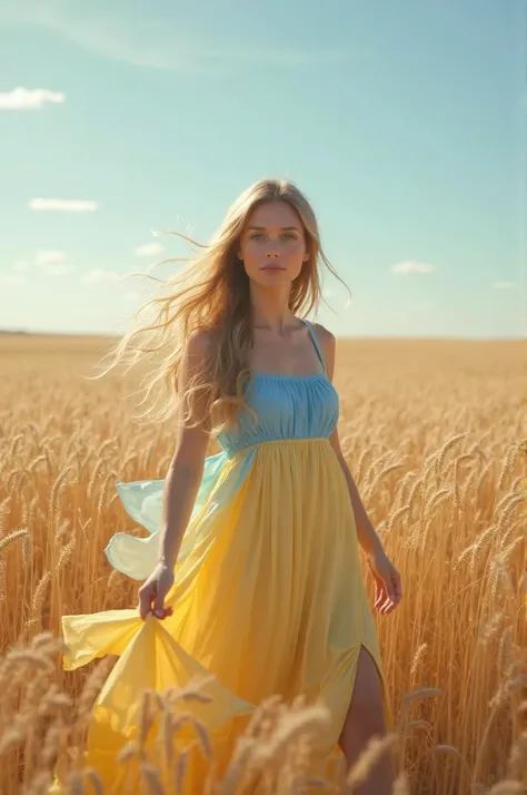 Beautiful white girl 25 years old,  standing on a wheat field, on her blue and yellow dress that flares in the wind, beautiful long hair, she looks at the sky with hope. A picture in the format of youtube channel 