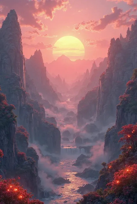 Majestic floating mountains surrounded by waterfalls and glowing flowers. The sky is a mix of pink and golden hues, with a giant sun setting in the background. Epic and cinematic, highly detailed, 4K resolution."