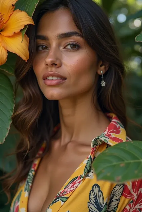 A Brazilian woman in a lush tropical garden,  wearing an open shirt with floral print, with a close up capturing the harmonious beauty between your breasts and the natural flowers, showing her natural charm and outgoing personality.