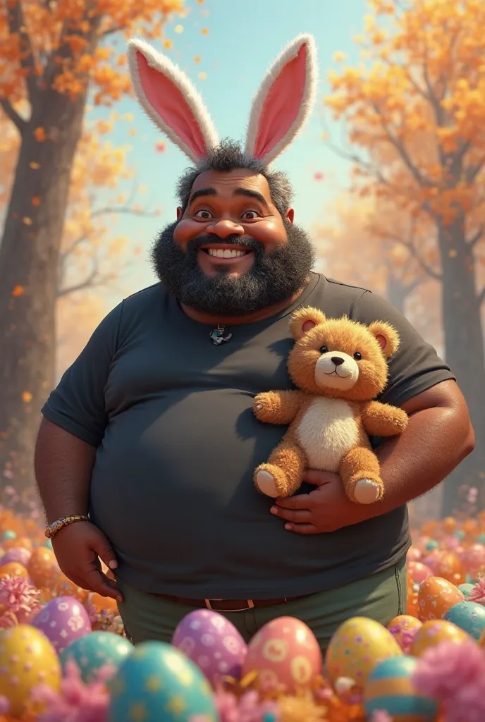 Pixar-style drawing, man , 40 years,mulato ,  short gray hair, black beard, fatty, wearing Easter bunny ears,  black t-shirt, a teddy bear and lots of Easter eggs 