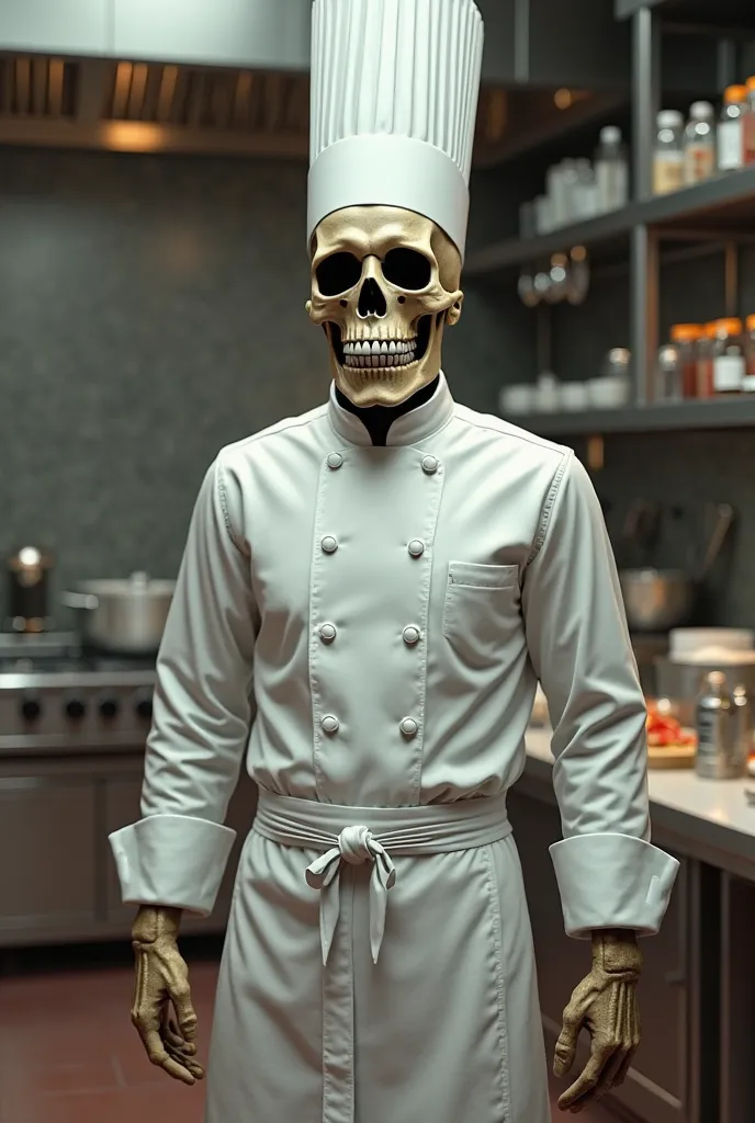 A humanoid dressed as a cook. His head is a skull 