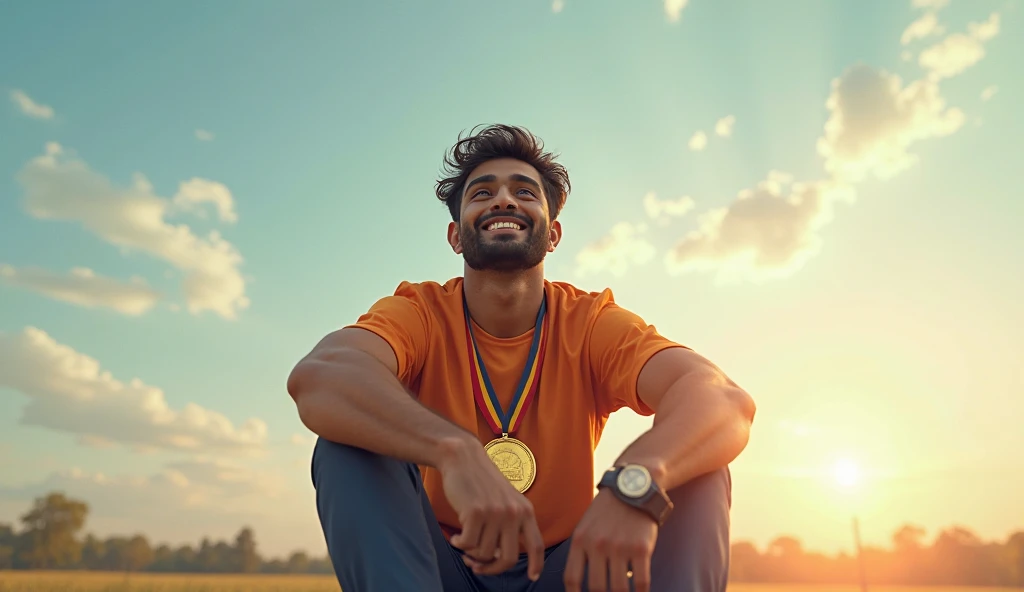 Rahul sitting on the ground, medal around his neck, looking at the sky with a victorious smile.