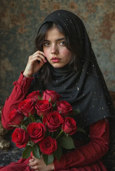 A Lucifer-shaped girl with Iranian features and brown eyes wears half a hijab and puts her right hand on her cheek and her left hand holds a bloody bouquet of roses 
 And you sit on torn, broken and pureed hearts