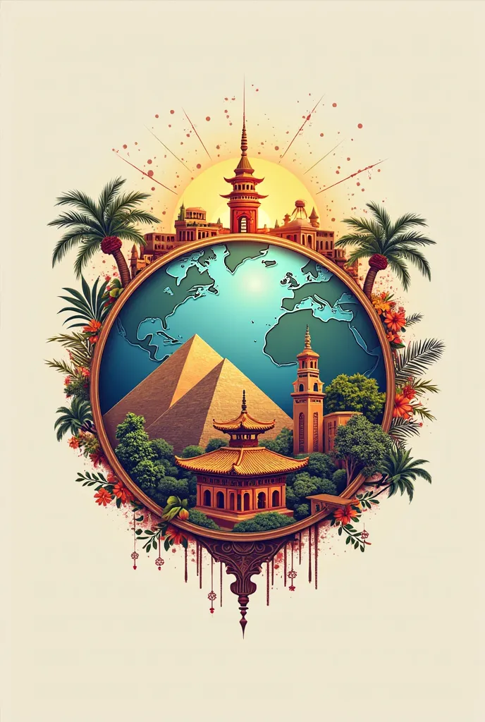 A logo for a tourist village that includes the civilizations of Egypt, Morocco and China inside a globe frame
