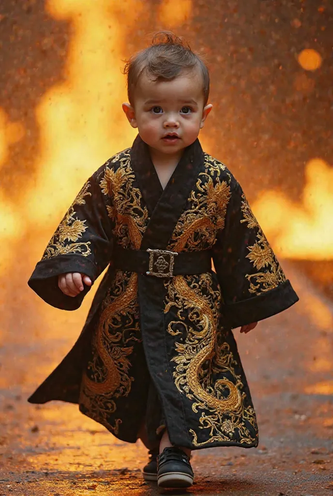 8K Ultra Quality - A baby cute face in a black and gold dragon-embroidered royal robe, walking on a runway with golden fire swirling around, creating an epic and regal effect.