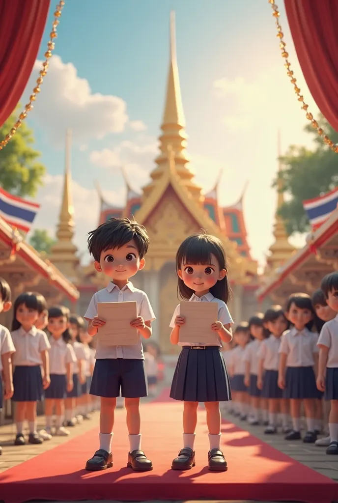 White shirt, navy blue skirt, black shorts,Thai school uniform, certificate, school director, stage, Thai flag, temple, boy, girl, student