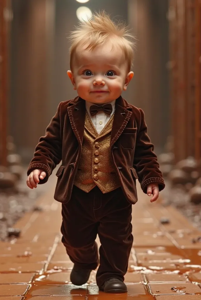 8K Ultra Quality - A baby cute face in a dark brown and gold velvet suit, walking on a runway made of chocolate tiles, with liquid caramel streams flowing around.