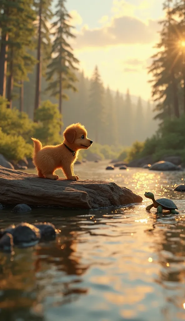 "A creative 3D Pixar-style scene of the golden puppy pushing a thick fallen log toward the edge of a gently flowing river. The small turtle stands beside it, looking hopeful. The river sparkles in the fading sunlight, reflecting the colors of the sky. The ...