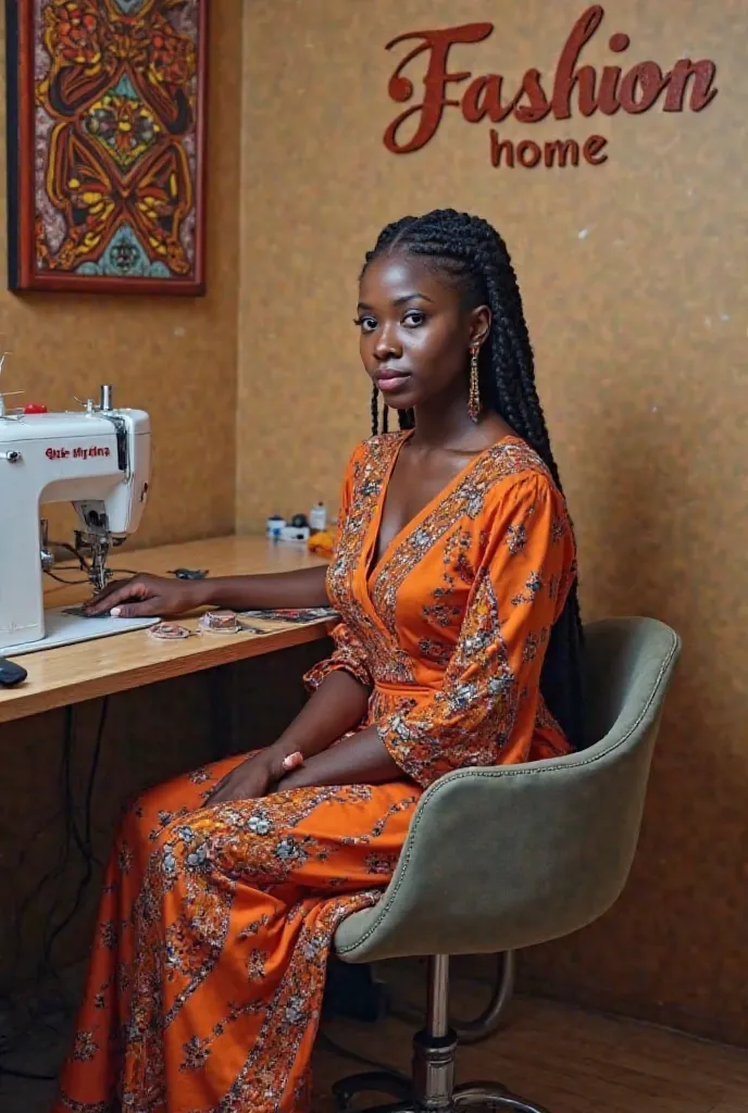 A beautiful fashion designer sitting on a luxury chair sewing, on the table theres an industrial sewing machine, a tape and a scissors beside the table , with ankara designs on the wall 
And my brand name boldly written on the wall Lade Fashion home 
