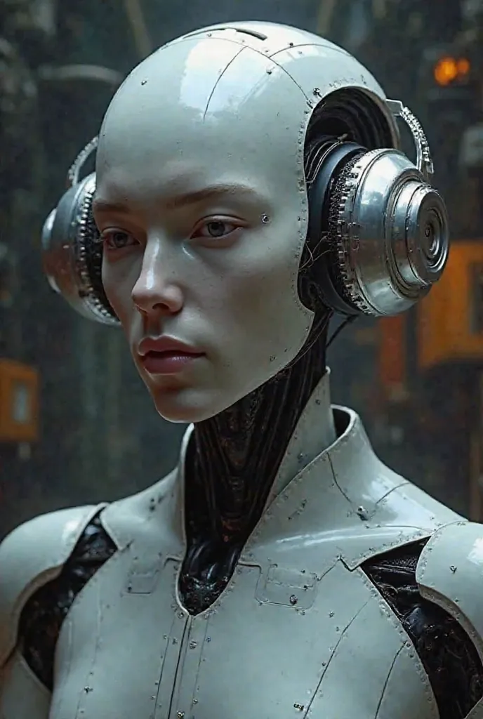 Male robot with full-body technological headphones