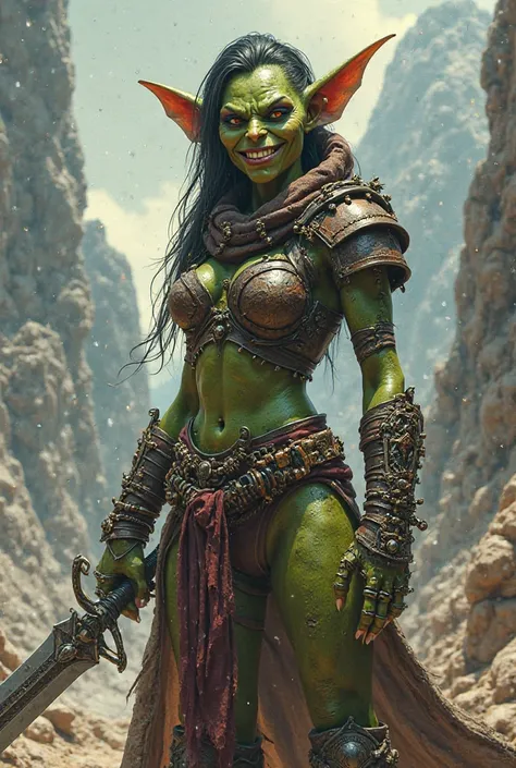 Dnd female goblin character, warrior, lot of ring, one sword