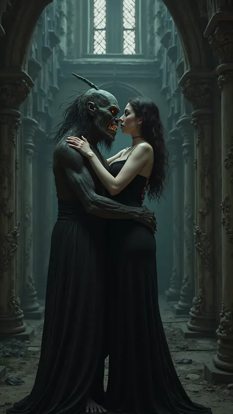 photo, gothic girl with big breasts hugs monster, inside dark gothic castle.