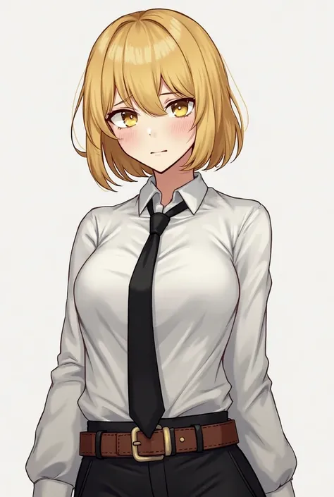 The character has blond hair, bob and yellow eyes, wears a formal white shirt with a black tie and black pants, making it look clean and sharp. In addition, there is a brown belt around the waist ready, which conveys a detective or explorer theme, the expr...