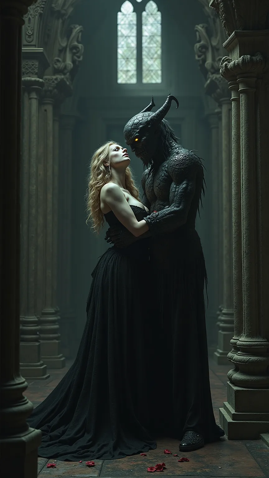 photo, gothic girl with big breasts hugs monster, inside dark gothic castle.