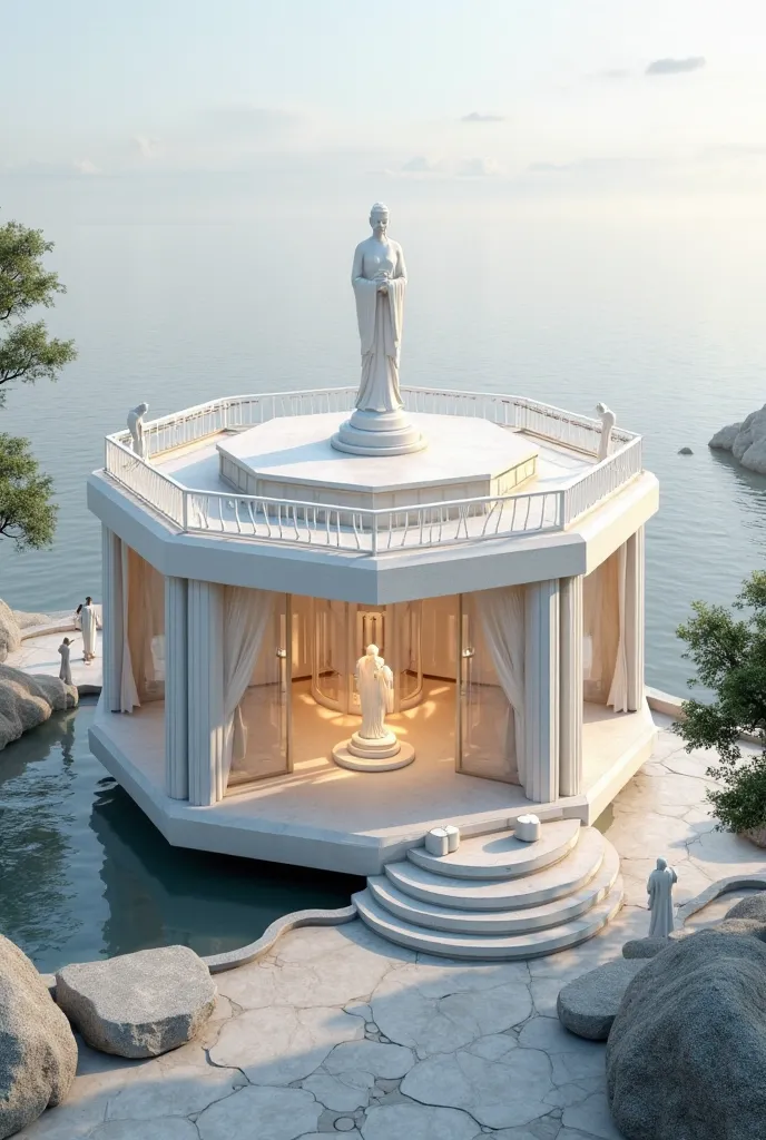 Create a detailed 3D architectural rendering of a small octagonal Buddhist pavilion called "Floating Lotus Pavilion". The building has a single floor with a radius of 5 meters and a rooftop terrace.

Key features:
- Single-story octagonal structure with a ...