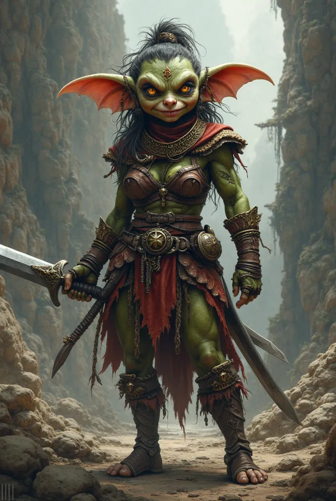 Dnd female goblin character, warrior, rings, one sword, good looking