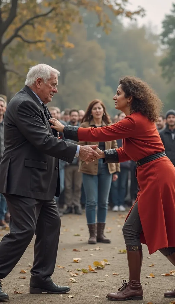 The old man and the 50-year-old woman fighting with a 25-year-old ..the 23-year-old girl in the middle and the crowd watching 