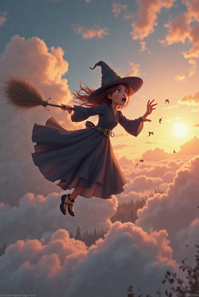 Hello help me by creating two animated images of a witch falling from her broom is for a story  