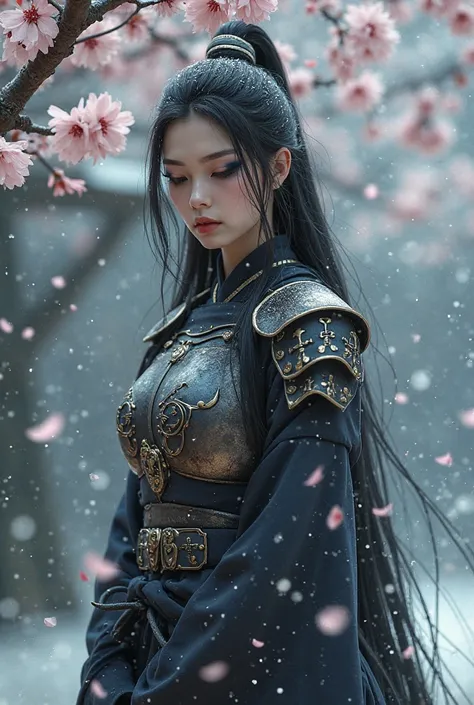 Background cherry blossom snowstorm,armor,Japanese,girls,very long black hair,slender eyes,black eyeshadow,side down,upper body lift,closed eyes, tears, 