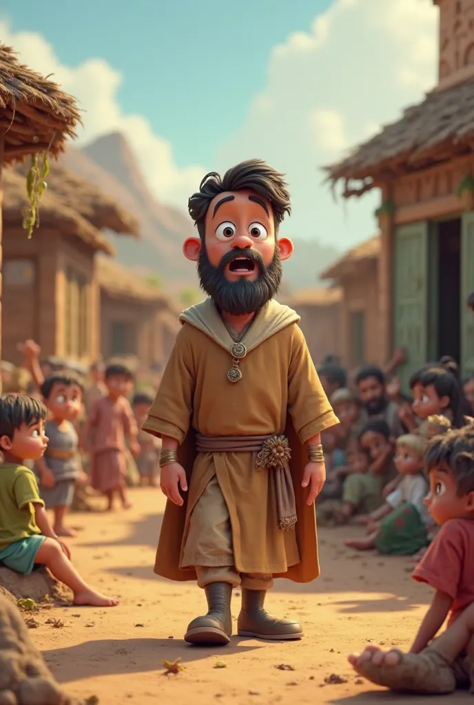 In cinematic 3d cartoon style "A king disguised as a common man, wearing simple clothes, walking through a poor village. He sees ren sitting hungry on the ground, farmers working hard but looking sad, and people in tattered clothes. The king has a shocked ...