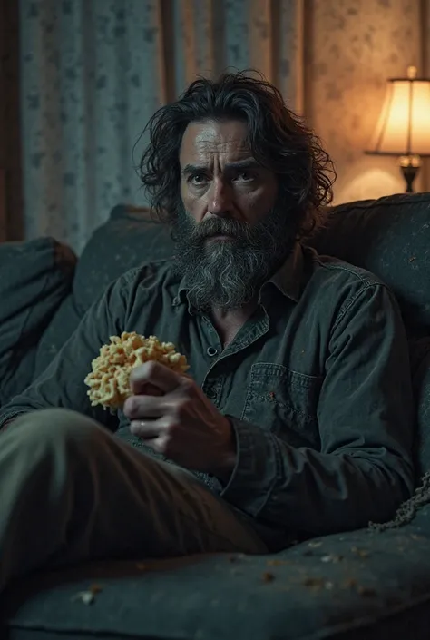 Man with dark circles and long hair and a beard sitting on the couch watching a movie and eating a snack