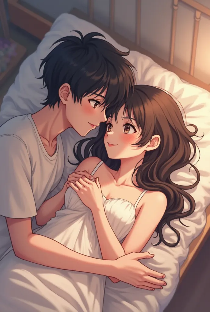  Anime style, Lying on a bed a girl and a boy loving each other with the boy caressing her