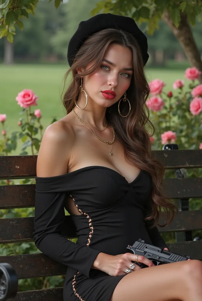 A beautiful woman sitting on a park bench.She has her legs crossed.She is wearing a off shoulder black spandex dress with a high cut side slit.She has a gold chain on.The background is surrounded by roses and lilies.She is holding a gun on her lap.She has ...