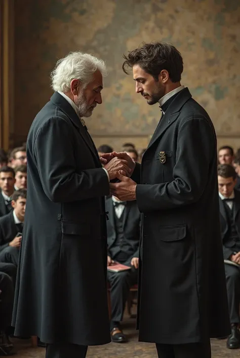 Generate a scene from PALMATÓRIA that takes place in a 19th century school with an all-male audience: An older master of overcoats and misaligned white hair wears palmatoria on a student, while the other one watches the scene with fear.