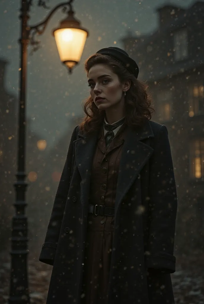 Create an image inspired by the song Lili Marleen: a German woman from the 1940s,  showing the whole body , wearing an elegant overcoat and dress from the period, stands under the soft light of an old street lamp. Her eyes are melancholic and hopeful,  as ...