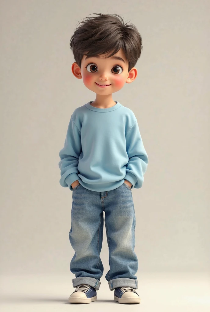 A boy that wear baby blue sweatshirt and oversized jeans pant