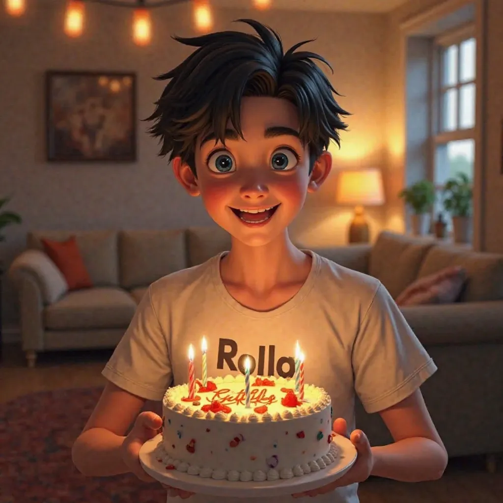 Generate me a picture of a male on his birthday, black hair, blue eyes, full white skin with name Rollo on his shirt, holding a cake 