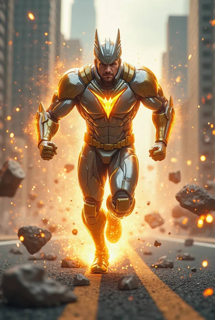 A muscular, light-skinned male superhero, likely in his 20s or 30s, is depicted in a dynamic running pose.  His body is a stylized, metallic silver and gold, resembling futuristic armor or machinery, with glowing, golden energy emanating from his chest and...