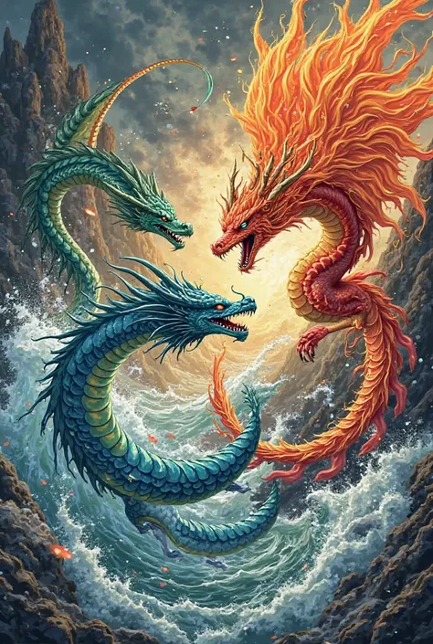 Tattoo of an earth dragon fighting with a water dragon in anime style when a phoenix comes in to intervene 