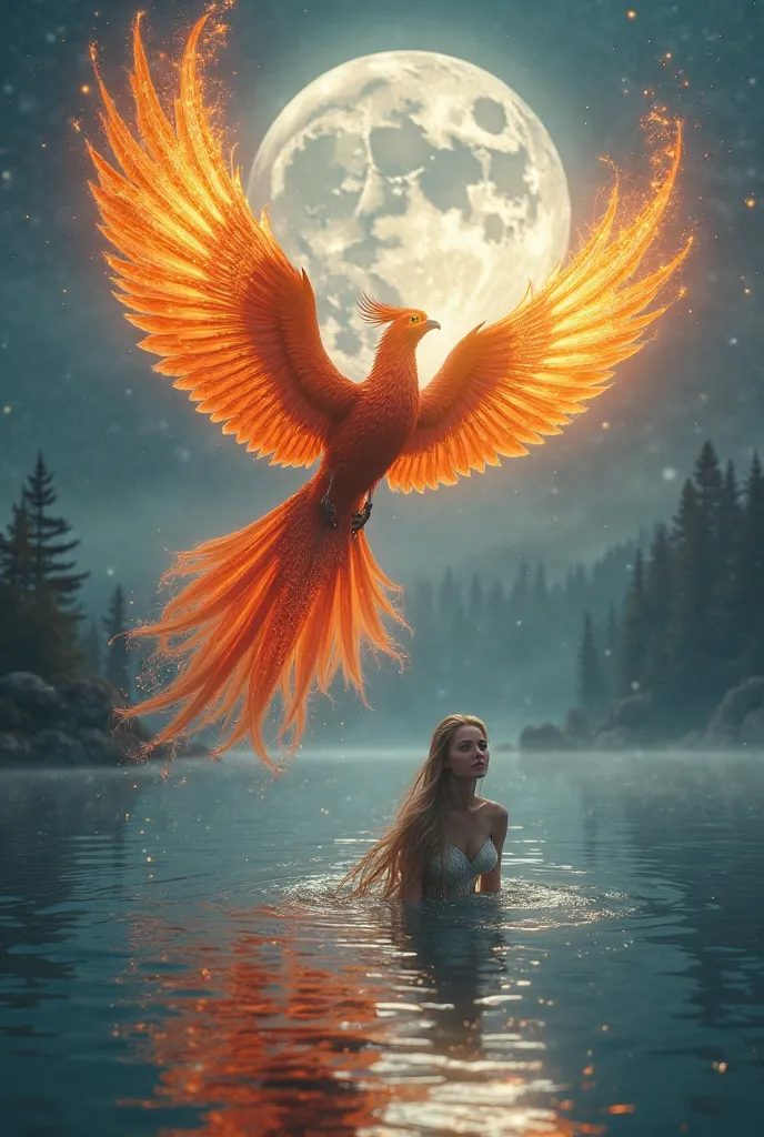 Phoenix bird with open wings expelling fiery flames flying upwards and a mermaid with a calm face swimming in a lake on a full moon night